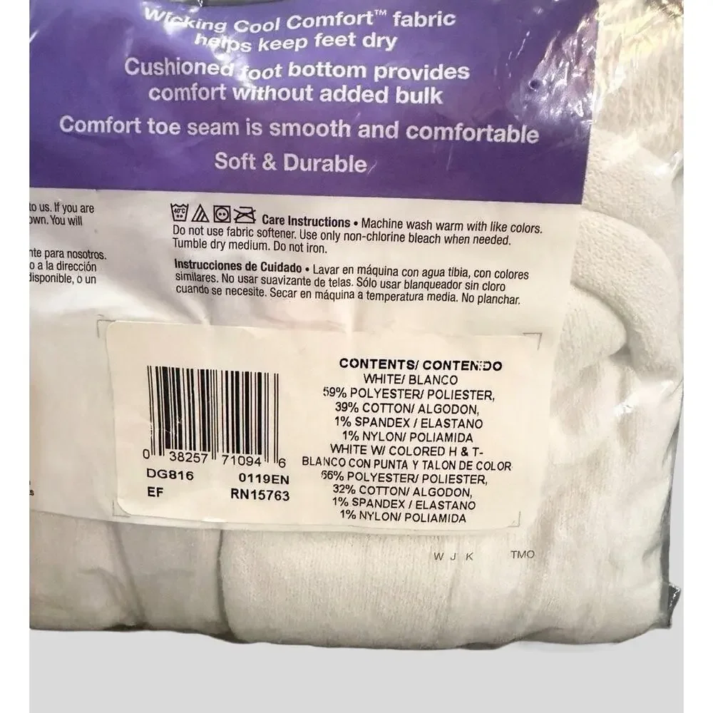 Hanes Womens Ankle Socks 6 Pair Size 5-9 White Cushioned Moisture Wicking NEW